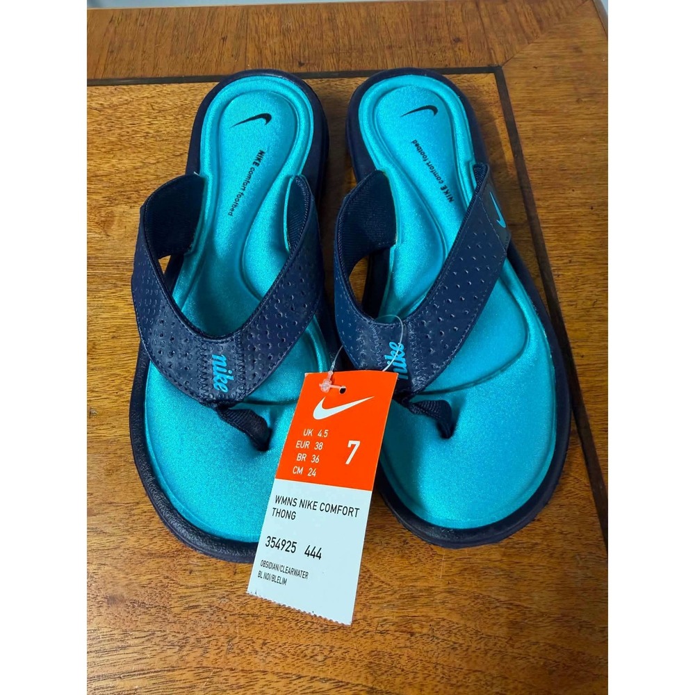 New Nike Women's 7 Blue Comfort Thong Flip Flops 354925-444 Obsidian Memory Foam